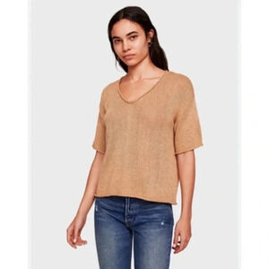 White + Warren Gold Shine Boxy Short Sleeve V-Neck Sweater Top Size Large